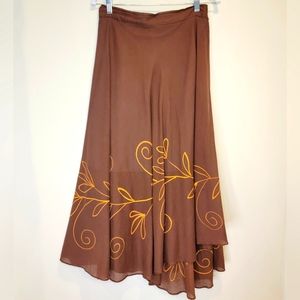 Layered Floral Printed Flowy Cotton Linen Adjustable Wrap Brown Maxi Skirt | OS